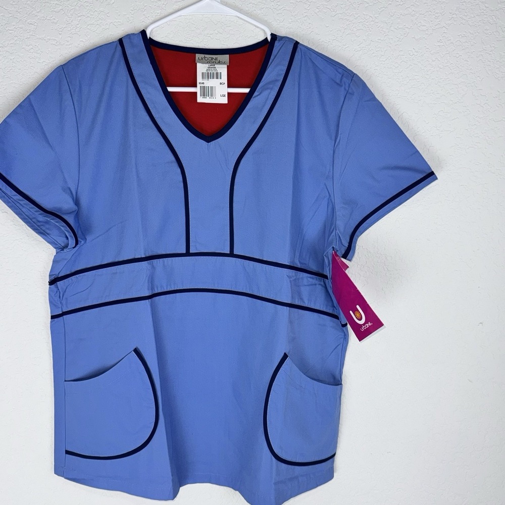 Urbane Scrubs Womens Large Blue Navy Trim V Neck Medical Top 9546 NEW